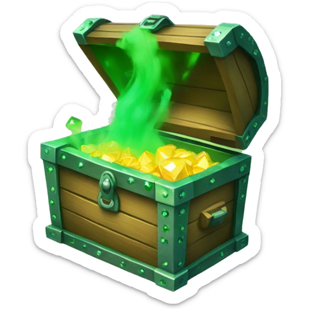open treasure chest with green smoke coming out and green diamonds overflowing and surrounding it sticker