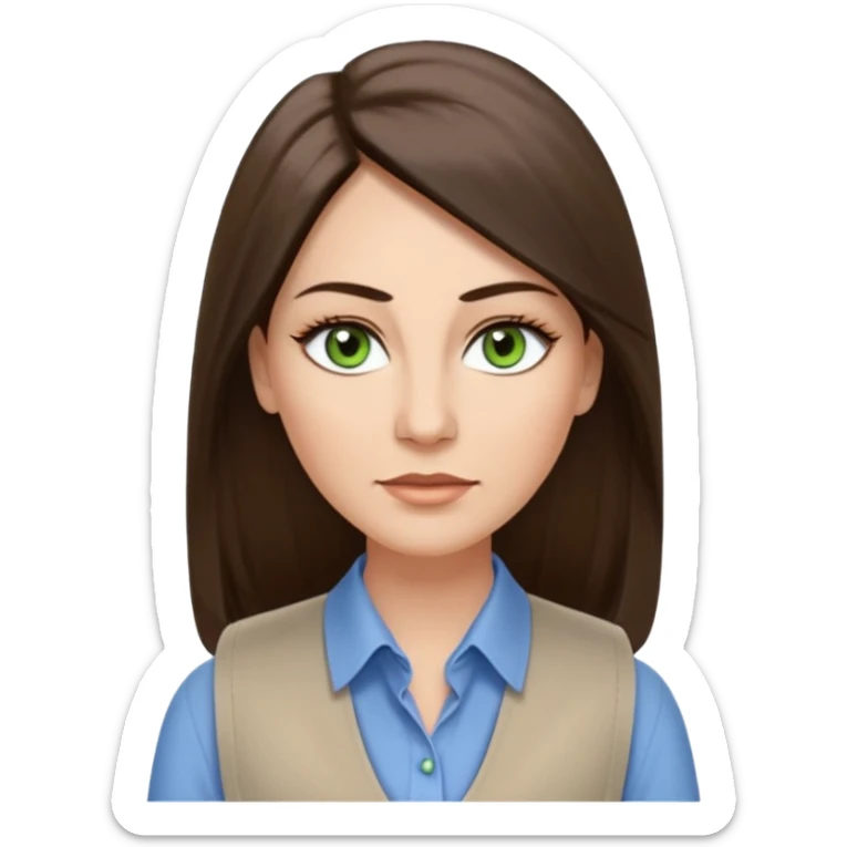 43 year old Adult woman avatar, light skin tone, long, oval face, long straight ashy brown hair, green almond-shaped eyes with dramatic eyelashes and minimal eyeliner, neutral mouth, medium straight eyebrows, average nose, smooth skin,  white collared button down shirt, blue vest sticker