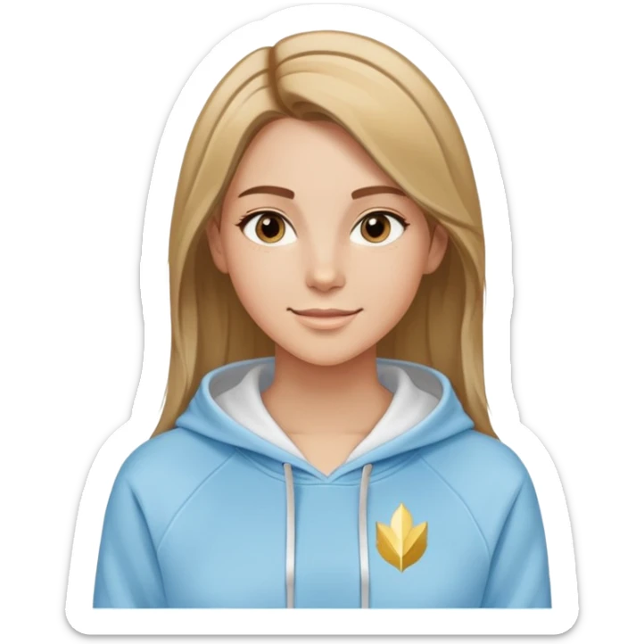 Woman with predominantly brown hair with blonde highlights, straight with side part, serene smile, dreamy eyes, wearing a light blue fantasy-sporty hoodie with golden and white details sticker