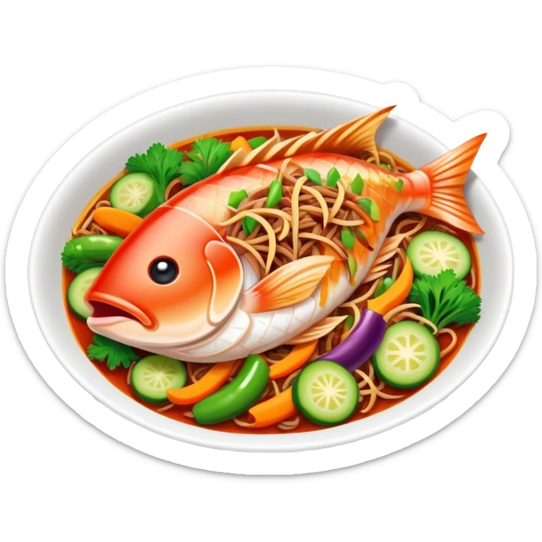 Fish Fragrant Shredded Pork with colorful vegetables in sauce, simplified emoji style with bold outlines and bright colors, cartoon style Yu Xiang Rou Si dish sticker