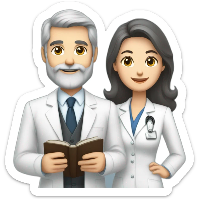 husband classy caucasian 55 dark gray hair trimmed beard wearing business suit and holding bible, with wife asian age 55 dark hair nurse uniform, no children sticker
