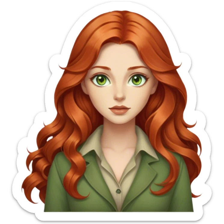 Young handsome woman with long, wavy, copper red hair and beatiful green eyes and light skintone. Clothing in earthy colors, beige or bottle green. large but not exaggerated bust and full lips. the woman looks very natural sticker
