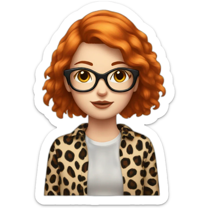 red haired girl with glasses leopard shirt near black cat sticker