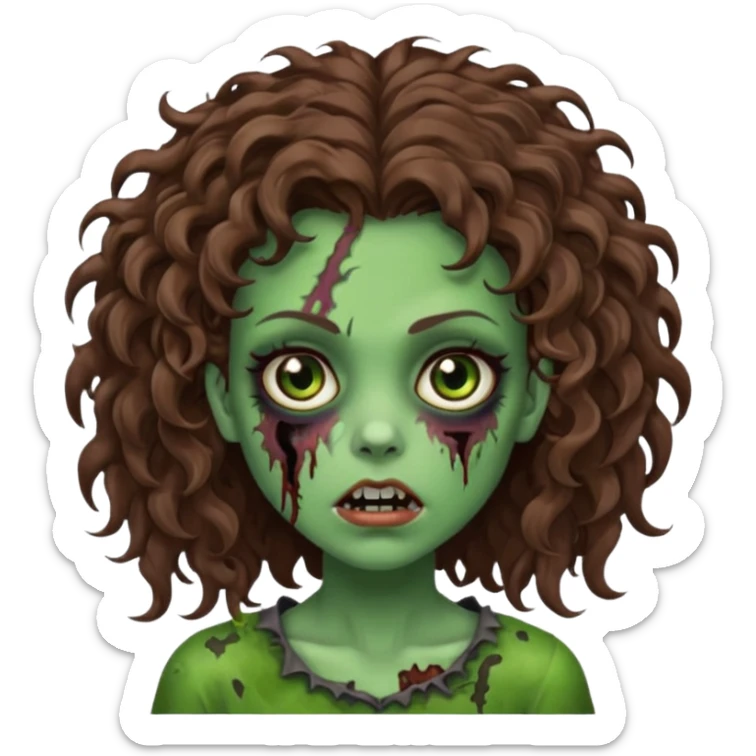 Faça uma garota zombie de cabelo cacheado castanho, olhos castanhos escuro e pele verde d zombie, com o cabelo grande sticker