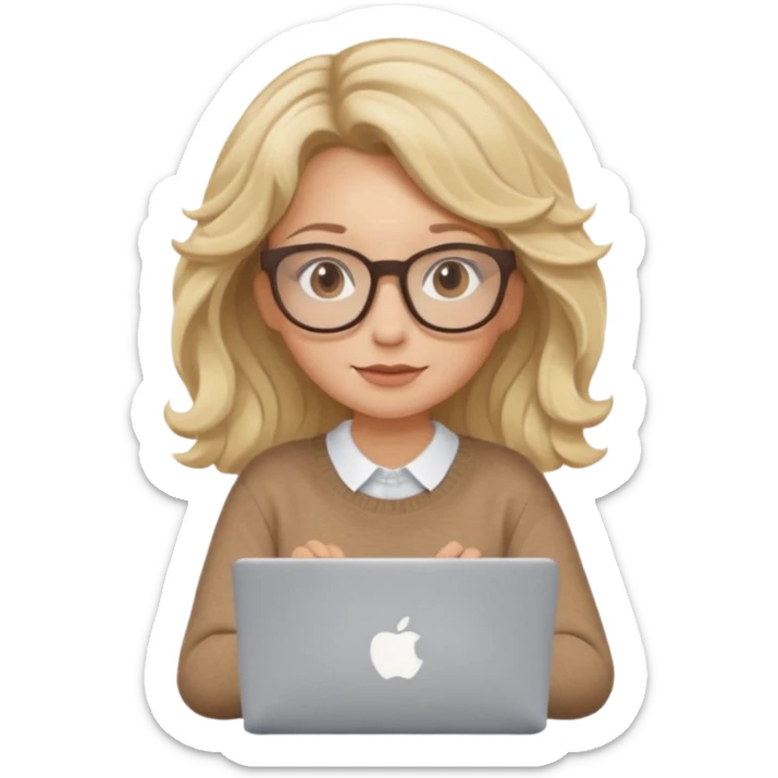 upper body view: blonde girl with dark blonde wavy hair, wearing pantos-style glasses and a brown sweater, sitting with a laptop, flat vector design, soft pastel colors, white background, Apple emoji style, upper body shot sticker