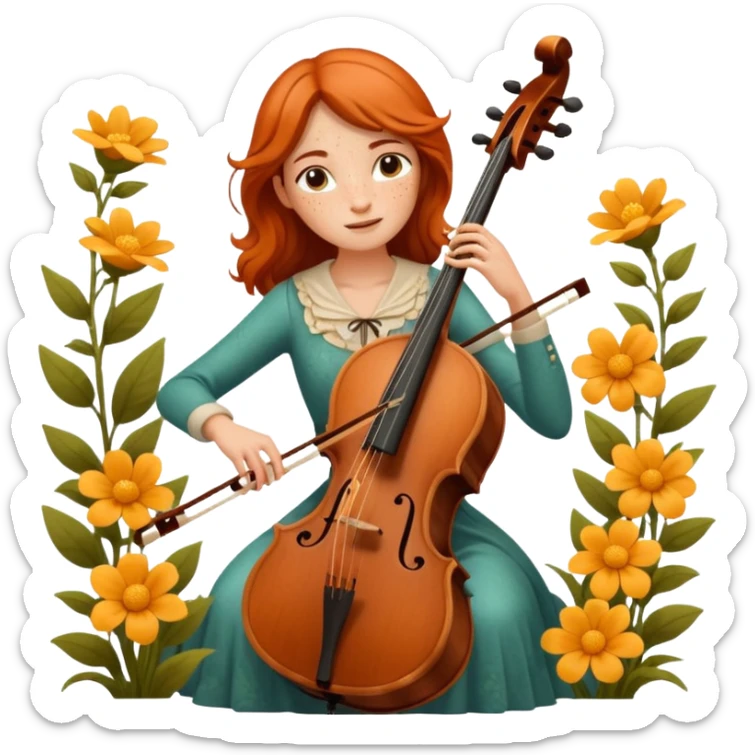 nature bard woman with freckles playing wooden cello among flowers sticker