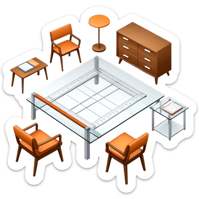 Icon for Furniture Design: a furniture drawing with 3D models of furniture pieces placed on top, accompanied by rulers and a pencil. The icon should represent the design process with focus on precision and modeling. Transparent background. sticker