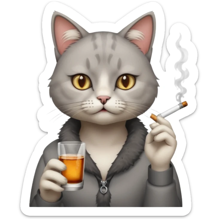 hazme a un gato fumando cigarro mientras toma alcohol y está depre sticker