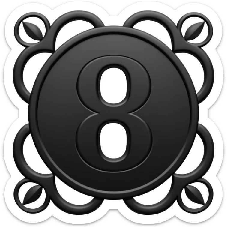 Emoji, avant-garde gothic emblem made of matte black metal, number 8 integrated into the word “FORTUNA”, luxury fashion symbol aesthetic, clean sculptural form, no glow, no neon, flat emoji style, centered, transparent backgroun sticker