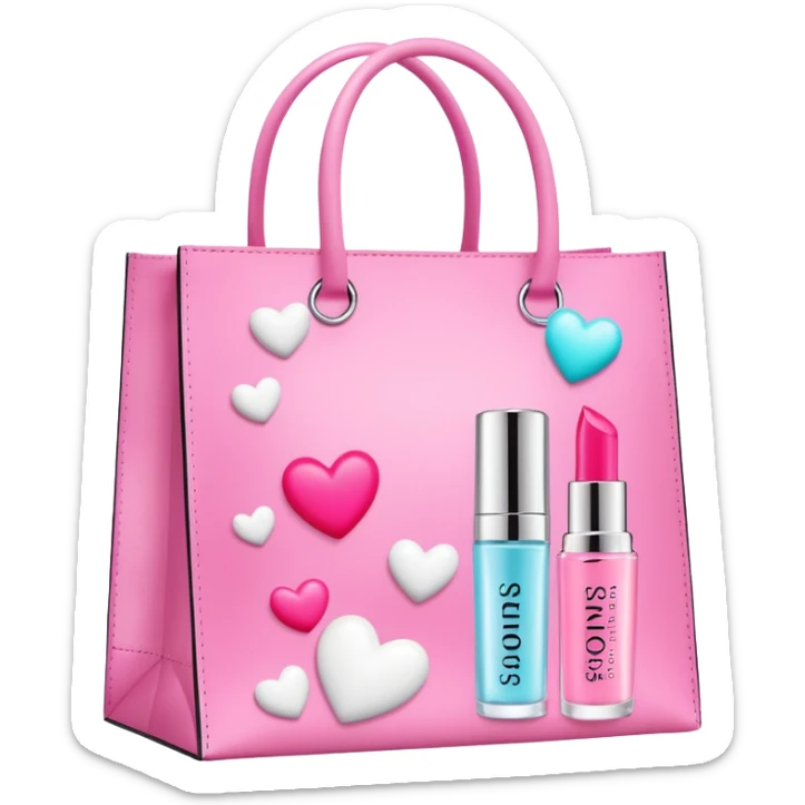 A Sephora shopping bag with a pink preppy lip balm and Summer Fridays branding peeking out, surrounded by sparkles and hearts, stylish and summery and sol de Janeiro perfume peeking out sticker