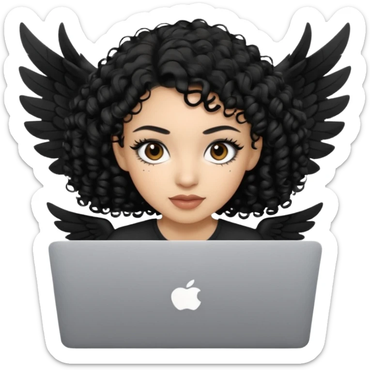 a girl using the mac book air with black curly hair and brown eyes with winged black eyeliner sticker