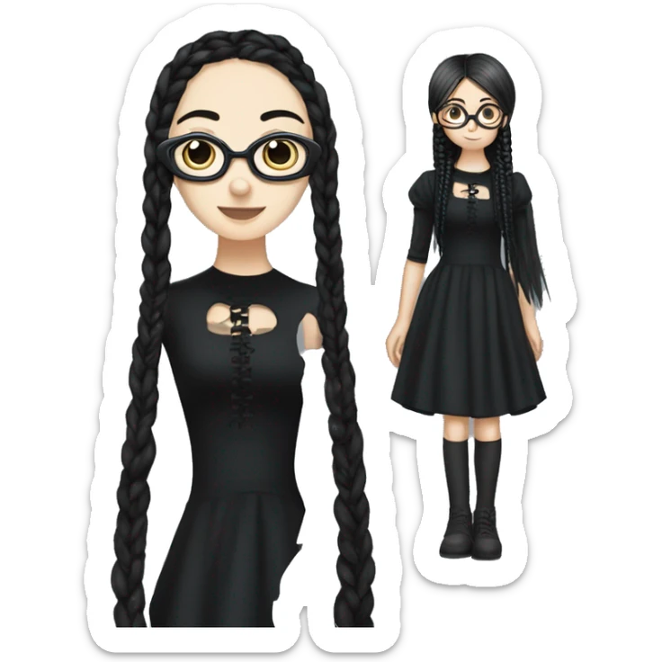 An emoji of a girl with long black braids, round glasses, and a gothic dress, standing next to her mother dressed in the same gothic style sticker
