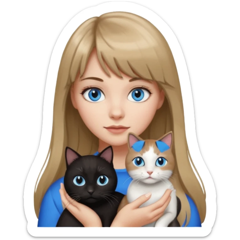 Apple-style emoji sticker of a young woman with long dark blond hair and bang, blue eyes , holding a black and white cat sticker