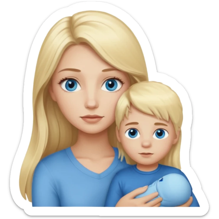 blonde girl with blue eyes, lashes, long hair Holding her little Boy  sticker