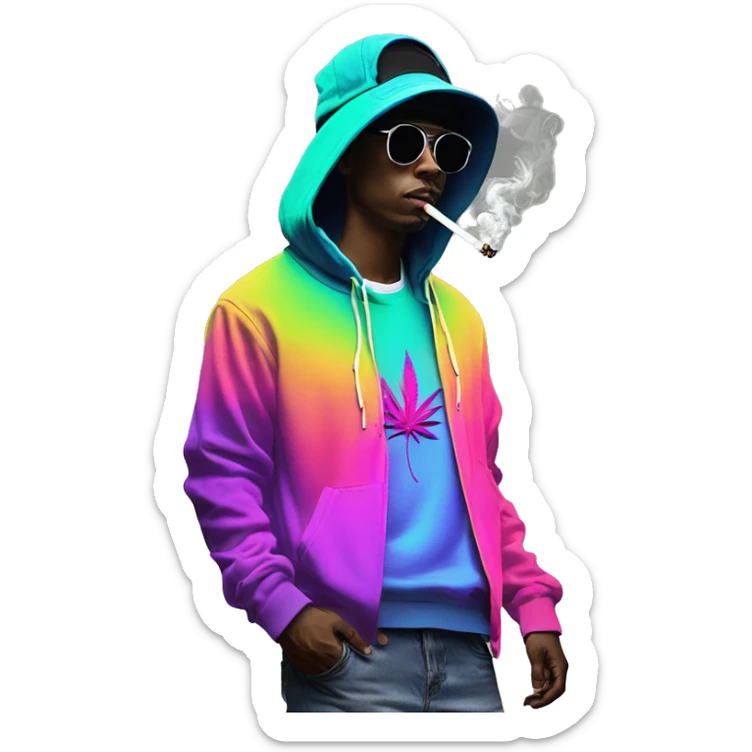 Hemp leaves Multicoloured neon person smoking wearing hoodie dancing hip hop bucket hat tropical Skater fashion aesthetic baggy clothes graphic t shirt 420 sticker