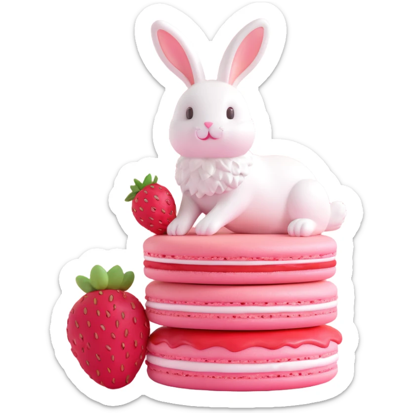 A cute bunny rabbit sitting on top of a pink macaron dessert with strawberry filling and a strawberry slice on top. sticker