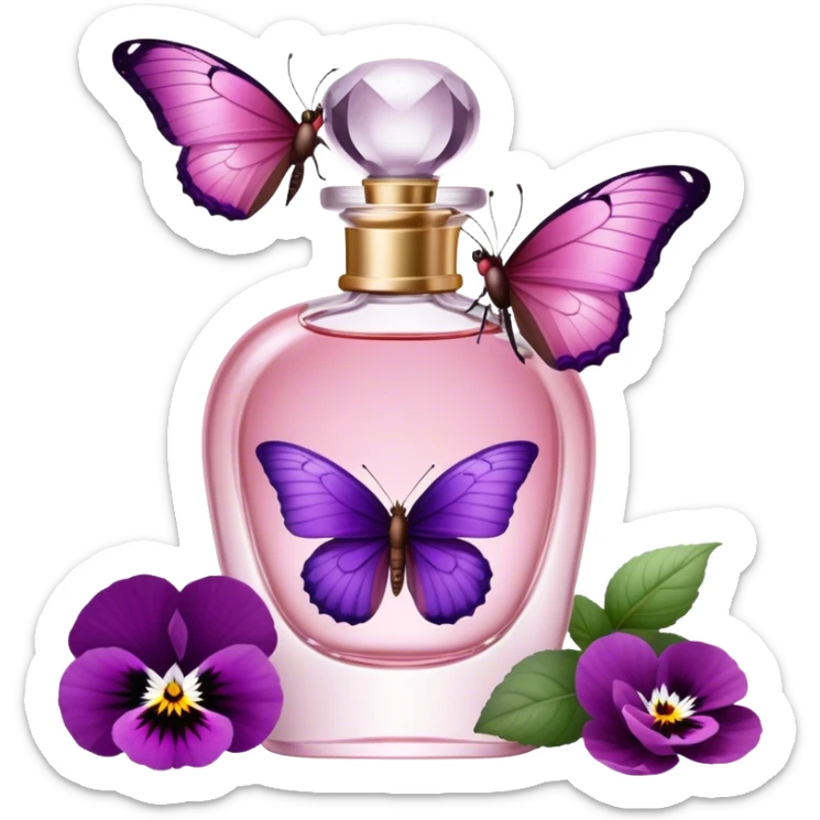 A butterfly with striking Tyrian Purple and Jasper Red wings delicately lands on a Rosewater Pink perfume bottle. Misty Rose pansies bloom softly around, creating a dreamy, romantic scene." sticker