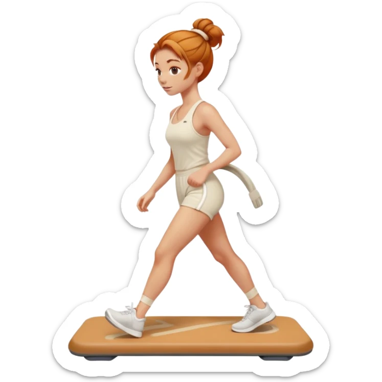 Beautiful Ginger girl messy bun walking on walking pad cream gym outfit sticker
