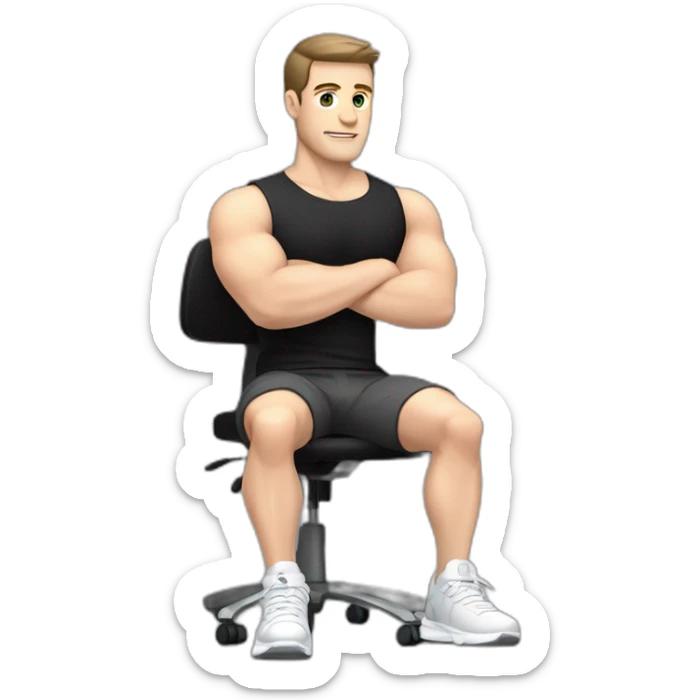 Pale skinned Fit Man With the biceps and dark brown hair in black shirt, gray sports shorts and white Sneakers Sitting on a chair sticker