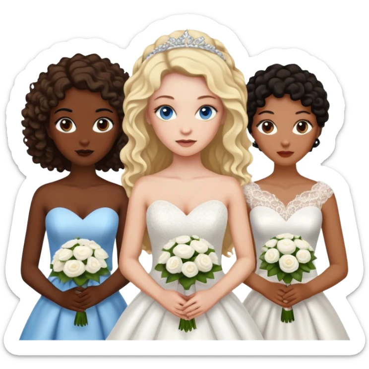 4 femmes en robe de mariée, une blonde avec les yeux bleu, une avec la peau très foncé les yeux et les cheveux marron foncé, une brune avec les yeux marrons et la peau blanche, et une métisse avec les cheveux bouclés et les yeux noirs  sticker