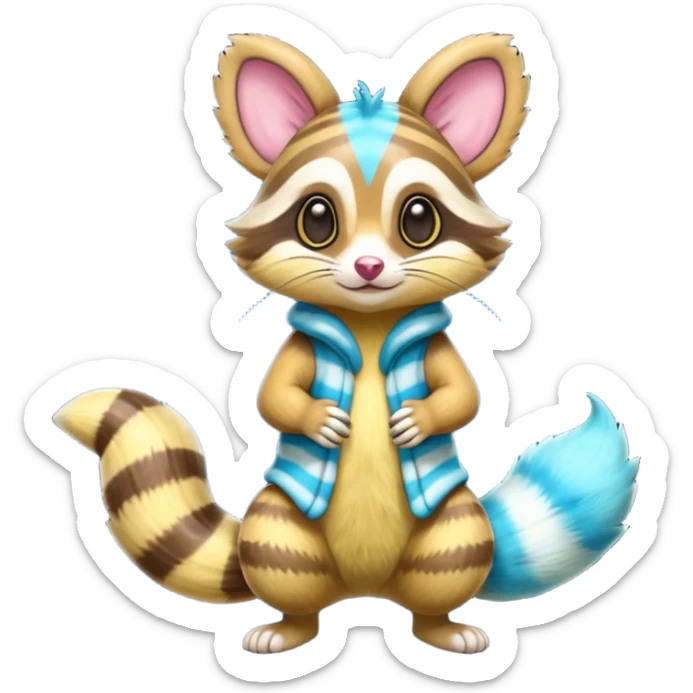Neon-yellow and neon-cobalt-blue- and cyan-gradients-striped Furret-Sentret-Genet-Cacomistl-hybrid-fusion (full body) sticker