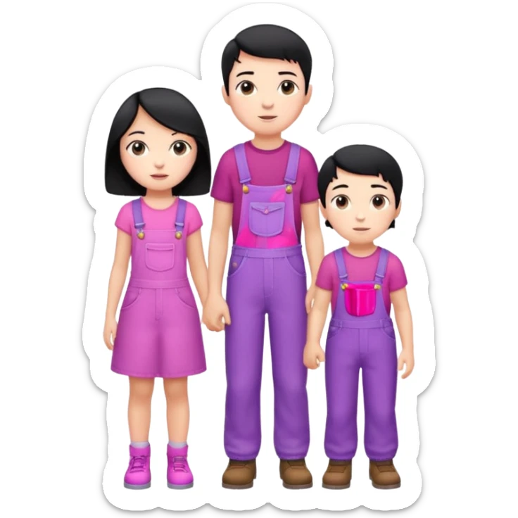 A short boy with black hair in pink overalls standing next to a really tall girl in a purple dress sticker