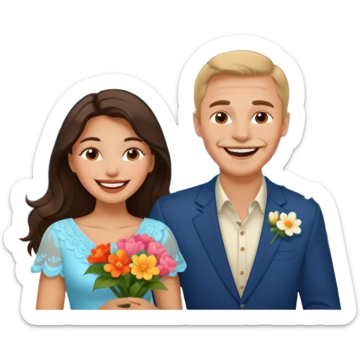 Couple  laughing traveling russian man and elegant  Latina girl delicate flowers and mountains in the background  sticker