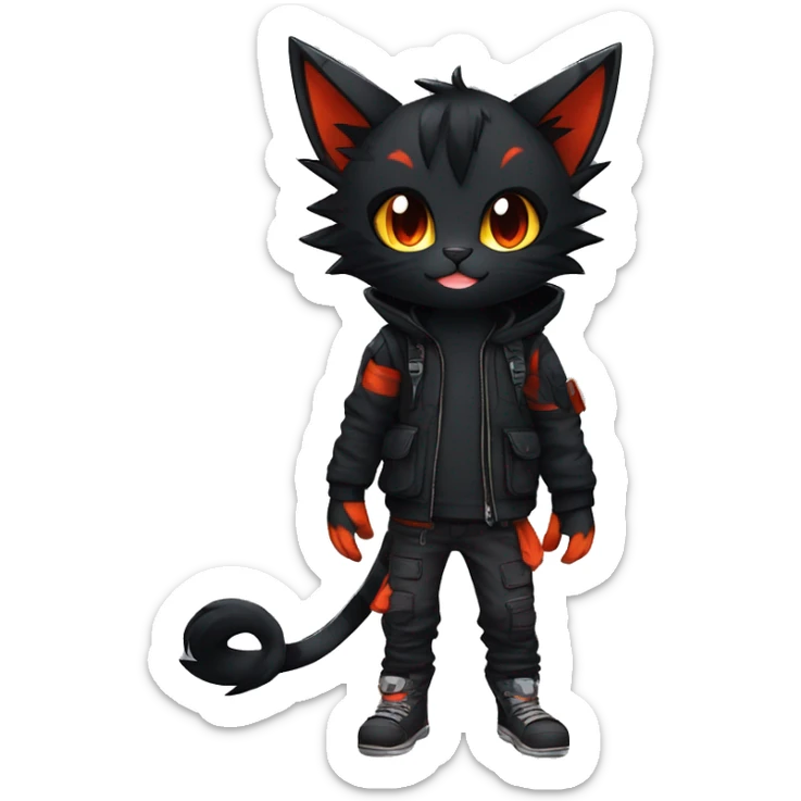 Edgy Shy Anthro boyish cool pretty dark black Litten-Pokémon-cat-fursona techwear sticker