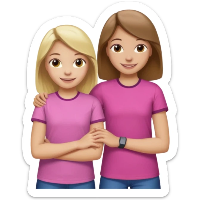 Two Girls with their arms around each other at summer camp one blonde one brown hair brown hair wearing pink shirt sticker