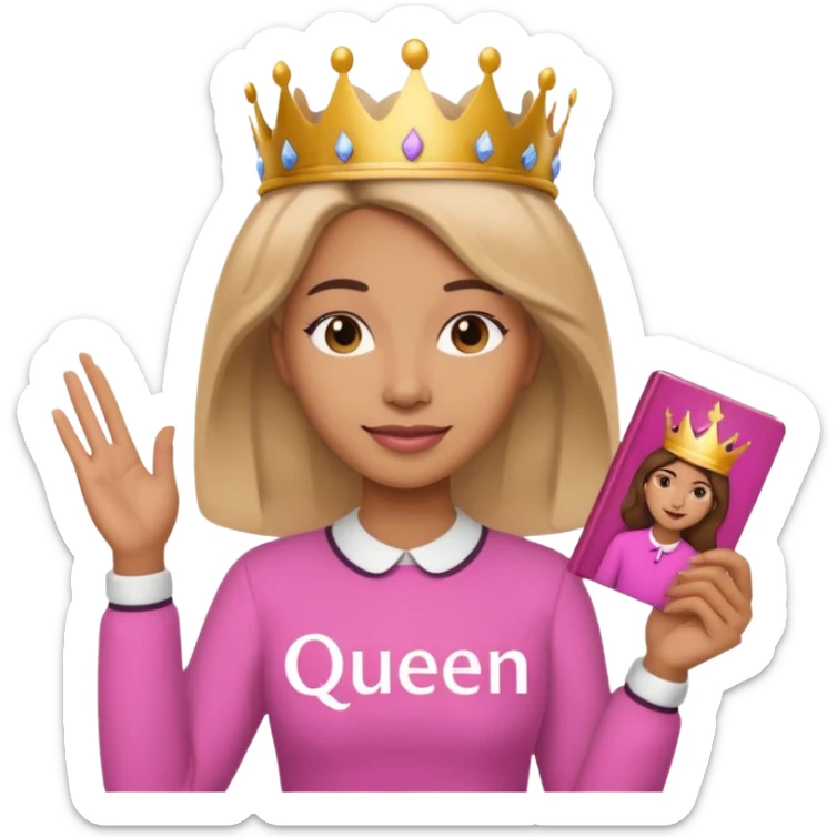 Crear una reina morena clara con ropa rosa sosteniendo la palabra Queen en sus manos sticker