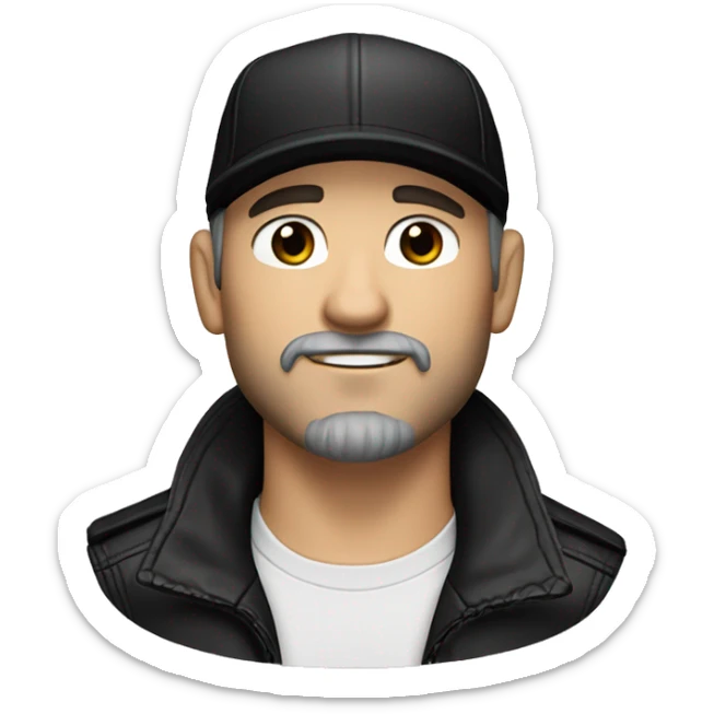 An adult white skin portrait of male with stubble and a slightly gray beard, brown hair, black eyes, wearing a black Reebok cap with a round emblem on his head, and a black leather jacket. sticker