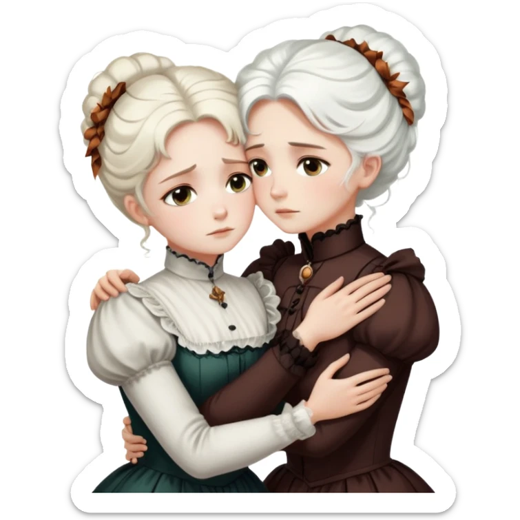 Two Victorian women with light eyes embracing in a sad, intimate hug. One woman has bright white coiffed hair and the other has dark copper coiffed hair. Both wearing Victorian high-neck dresses with their arms wrapped tightly around each other sticker