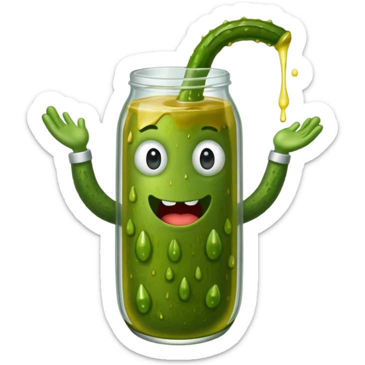 a cartoon pickle with juice squirting from the top of it, being squeezed by a hand sticker