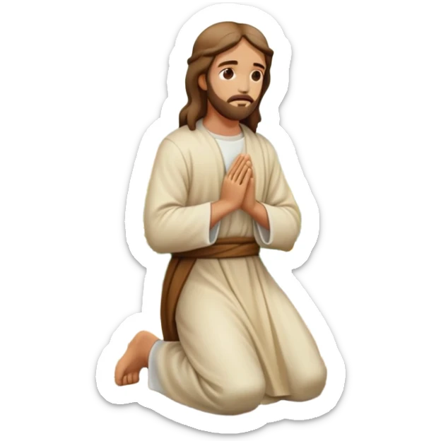 Jesus kneeling to pray in a garden, peaceful and reverent atmosphere, emoji style sticker