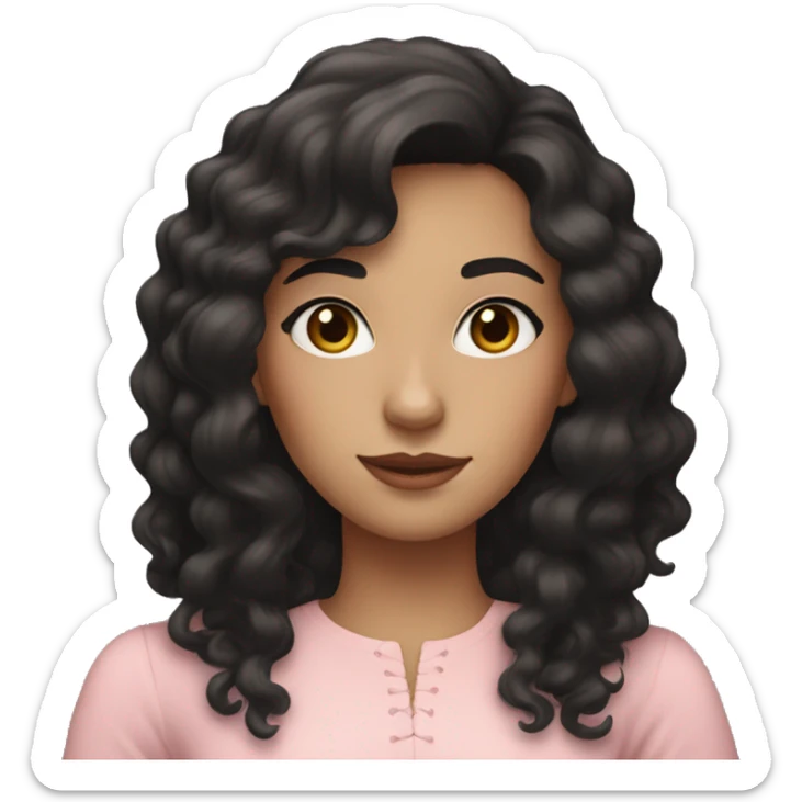 White woman with long black curly hair and bangs and dark brown eyes, wearing a pastel pink dress sticker