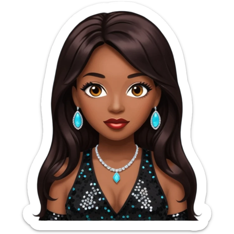 Tiffany "New York" Pollard with long dark brown hair, black sequin outfit sticker