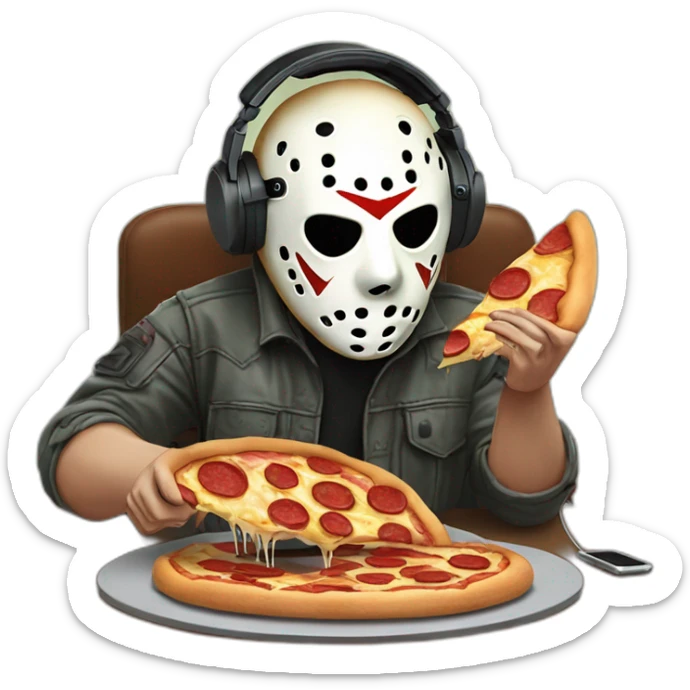 Jason voorhees recording a podcast with a mic and headphones and holding a slice of pizza in his hand sticker