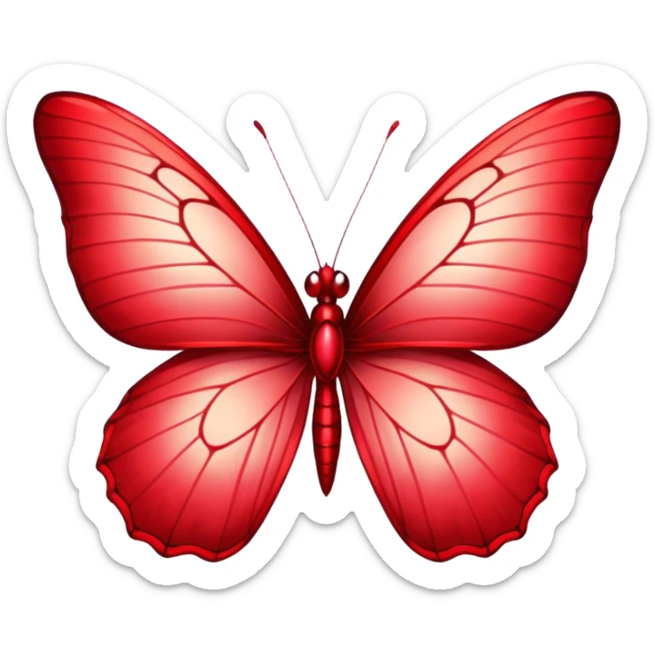 Cinematic Realistic Noble Red Butterfly Portrait Emoji, Poised and elegant, with delicate, translucent wings rendered in rich ruby and scarlet hues, a slender, graceful body with intricately detailed textures, and soft, reflective eyes, illuminated by natural light, high shine, intelligent and regal, styled with an air of refined natural splendor, focused and attentive, soft glowing outline, capturing the essence of a watchful and confident red butterfly that appears to emerge majestically from the screen! sticker