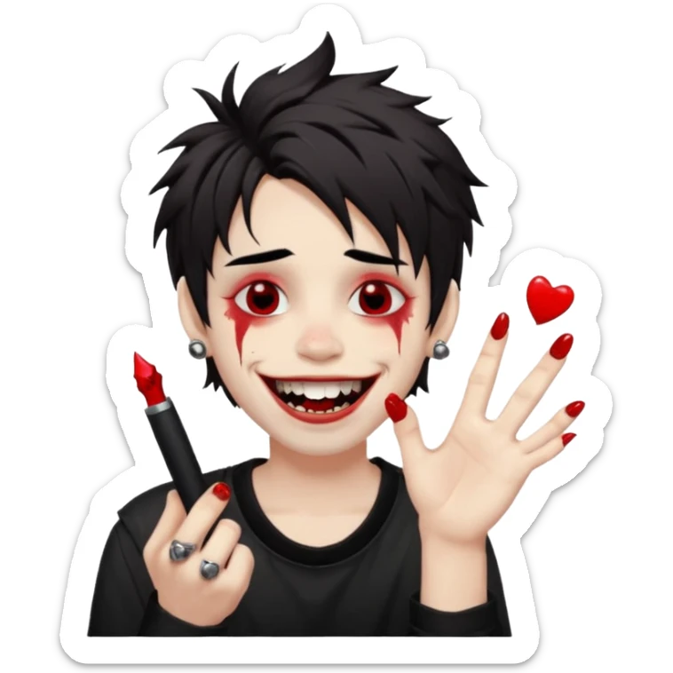 Laughing pale Goth boy with a bunch of face piercings, with shaggy dark brown hair, and messy black eyeliner , smudged, red, lipstick and rock on hand sticker