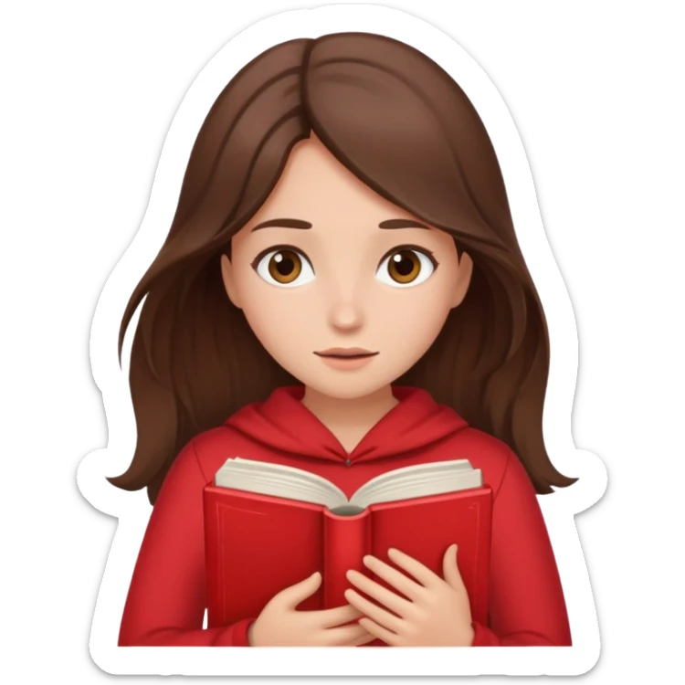 brunette girl with brown hair wearing red clothes covering her face with book sticker