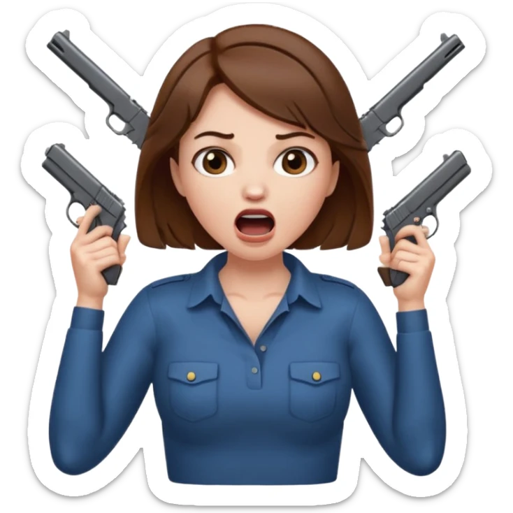 the woman emoji with brown hair and white skin choking herself  with both hands around her neck with her mouth open and two arms from behind her holding a gun in each hand point directly at her head sticker
