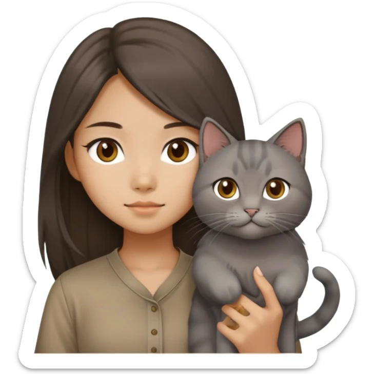 a chinese longhair girl wearing a brown shirt with a grey cat sticker