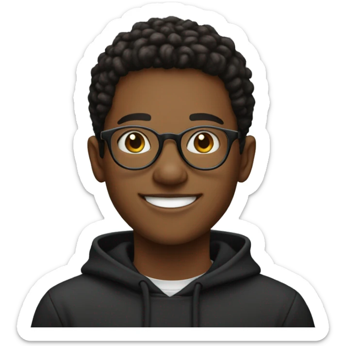Entrepreneurial 20-year-old boy with black sweatshirt and circular glasses smiling sticker