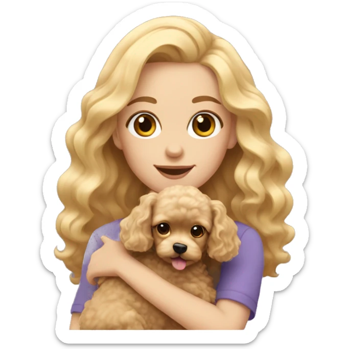 blonde long wavy hair girl holding a cute poodle dog with short ears wavy fur sticker