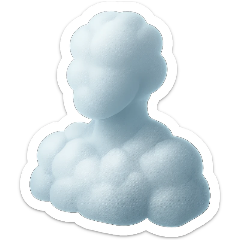 shoulder-up person fully made of white fluffy convex clouds, matte glass style, no background sticker