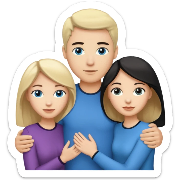 3 people. Throuple. Blank woman with blond hair and blue eye color on left. And also a blank man with black hair and grey eye color in the middle. And a blank woman with brown hair and grey eye color on the right. Holding each other  sticker