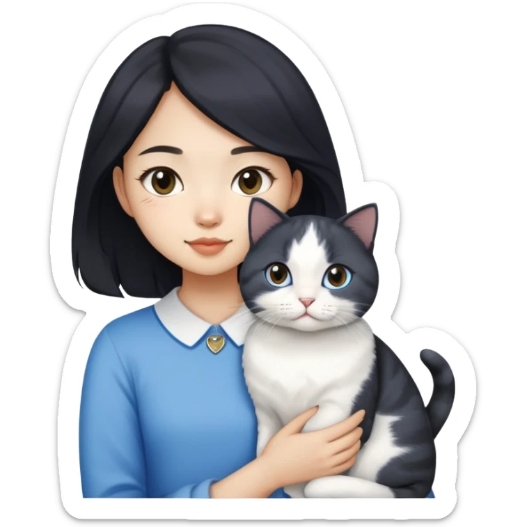 Asian girl, light skin, black slightly curly medium-long hair, holding a British short-haired blue and white cat sticker