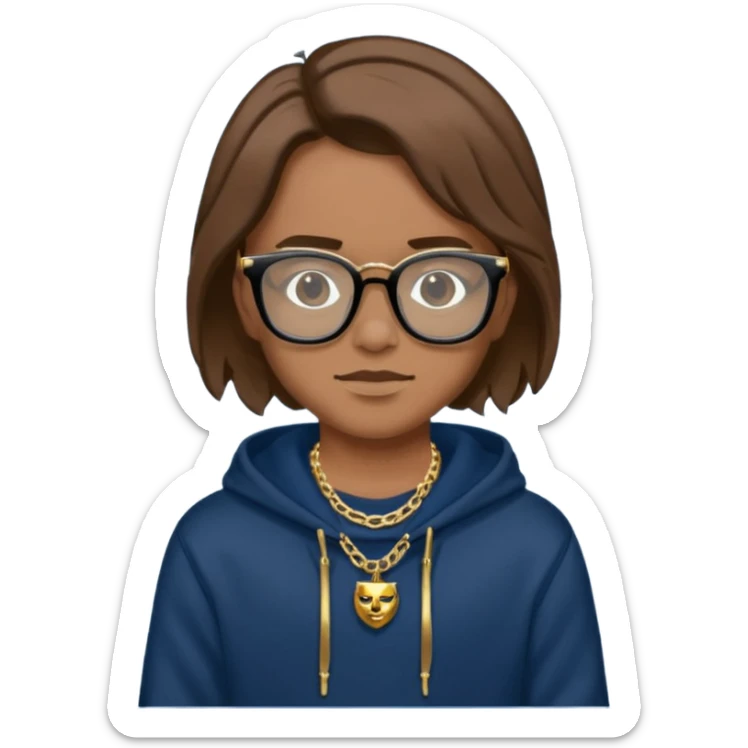 Brown hair with black glasses and the lends of glasses are black and a dark blue hoodie that says caylus kingdom with black pants and a gold chain sticker