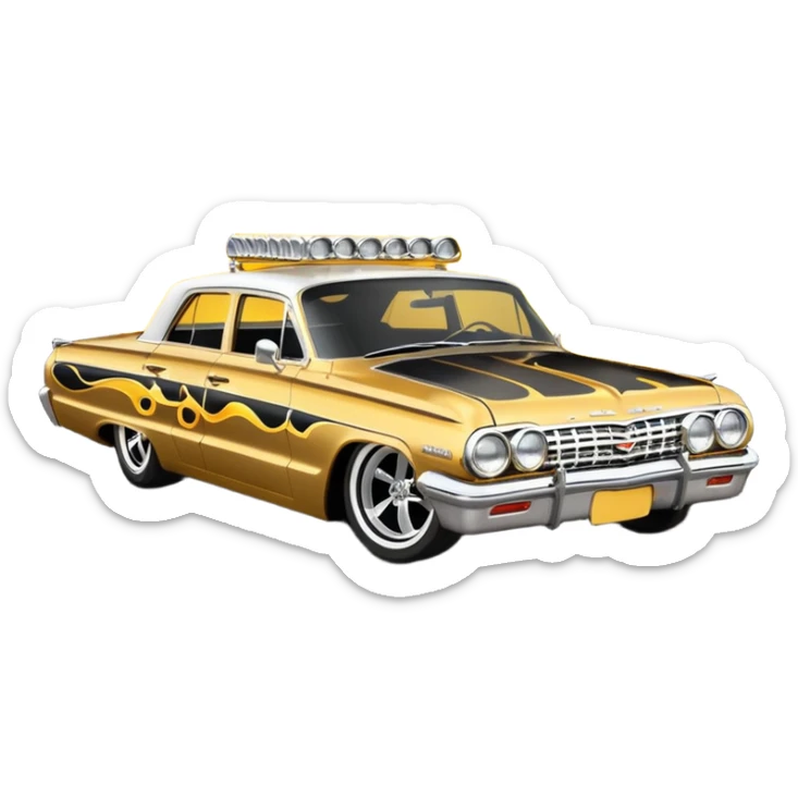 Hot rod custom 1964 impala low rider four door Anubis painted hood flaming side pipes sticker