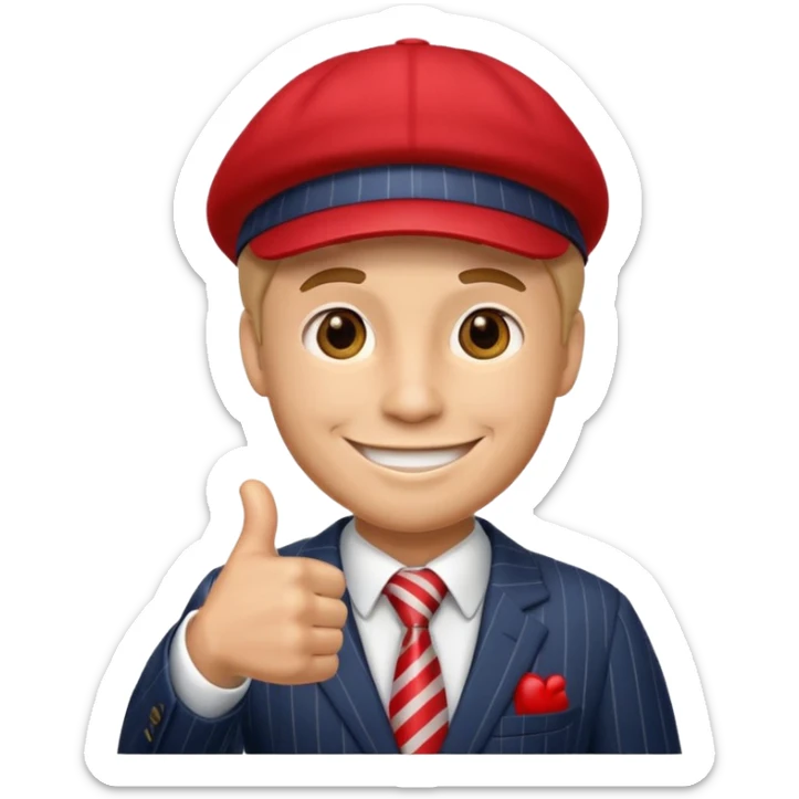 smiling man in a pinstripe suit and red cap, giving a thumbs up, emoji style sticker